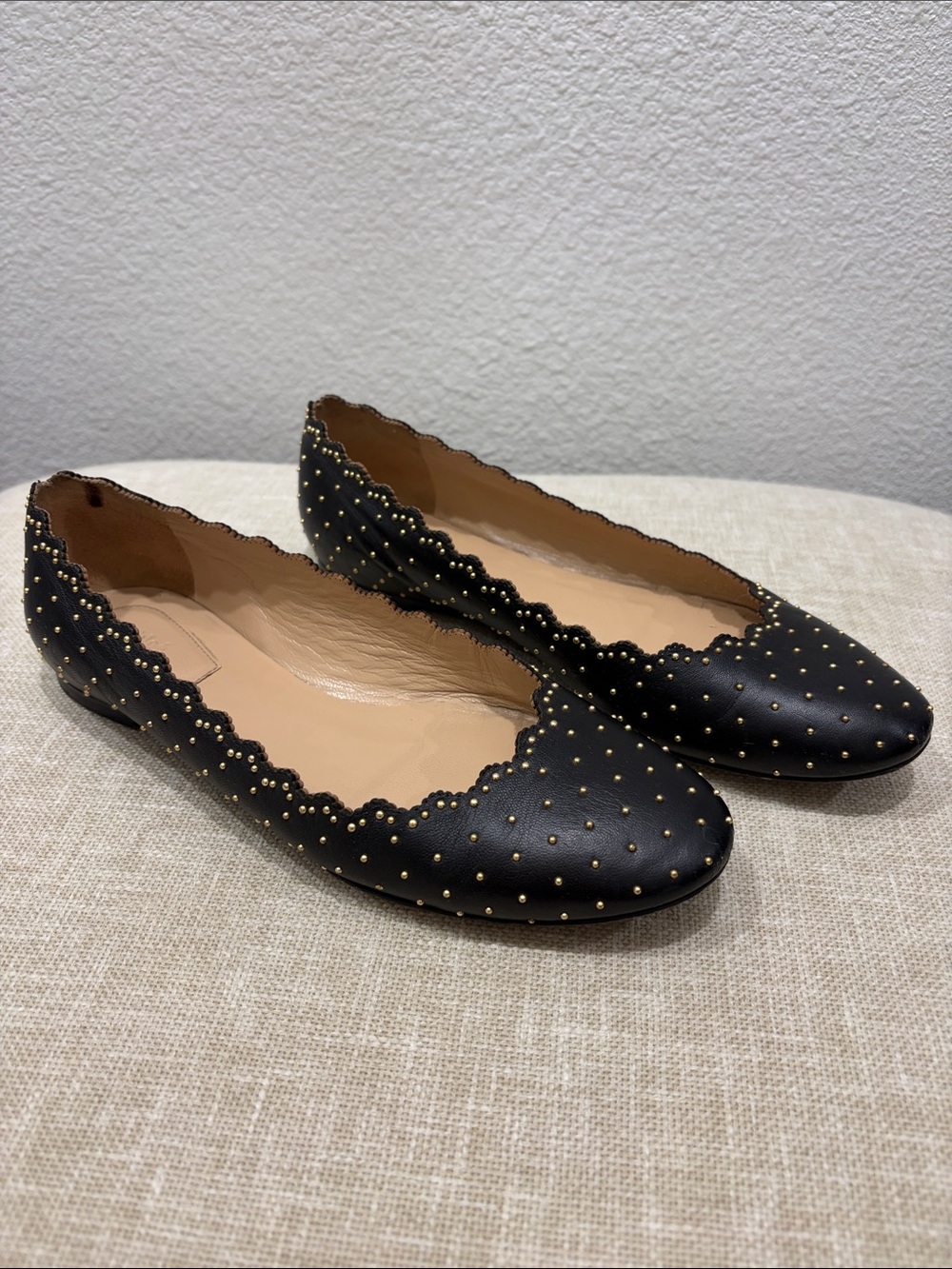 Chloe Black Scalloped Studded Leather Flats